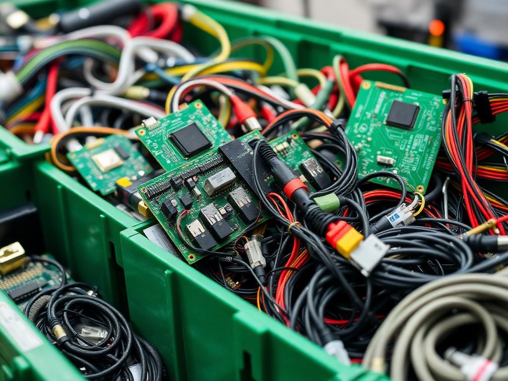 Componentes eletrônicos sendo organizados para reciclagem responsável