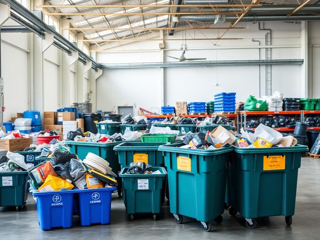 Contêineres de separação de resíduos em instalação limpa e organizada